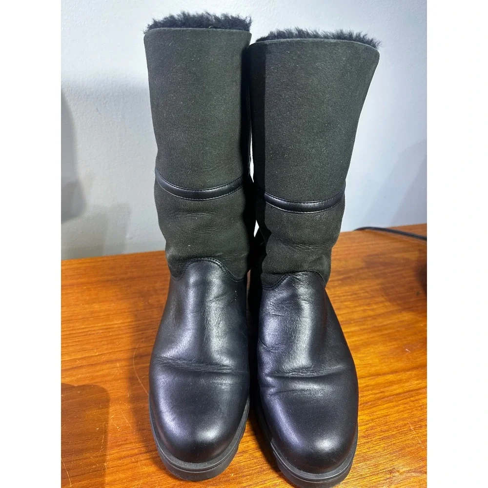 La Canadienne Black Leather Olive Suede Faux Fur Lined Boots Made in Canada 8M